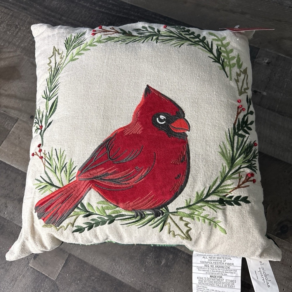 Red Cardinal Bird Holly Berry Wreath Christmas Embroidered Throw Pillow 18x18